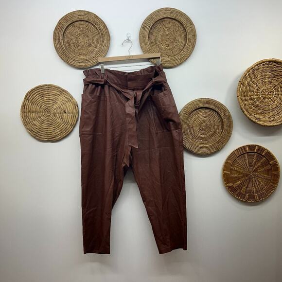 Eloquii Neutral Brown Faux Leather Belted Paper Bag Pants Plus Size 20 - Picture 1 of 5